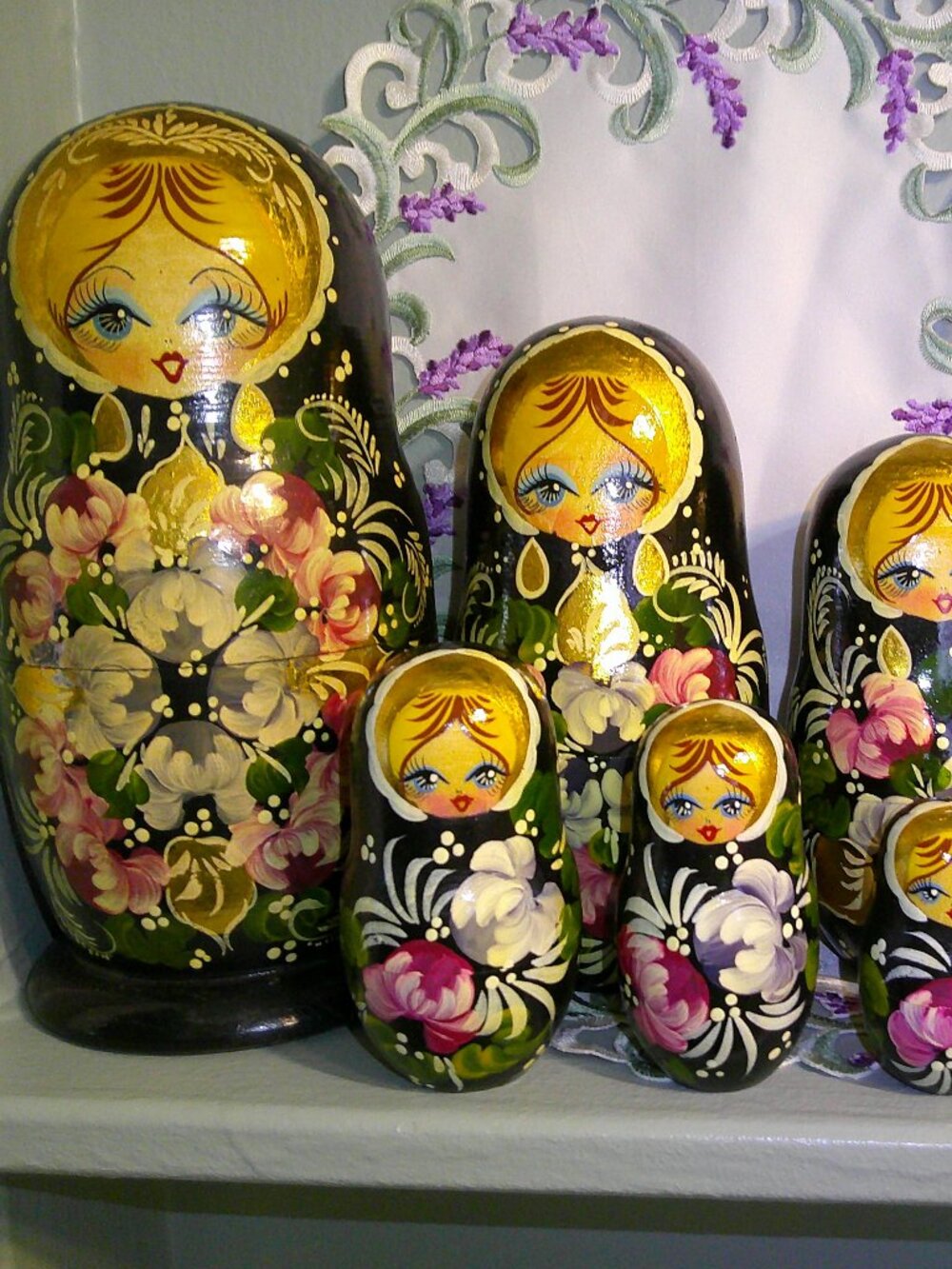 Vtg 1994 Signed Russian Matryoshka Nesting Doll Set - 10 Pieces - Black Lacquer